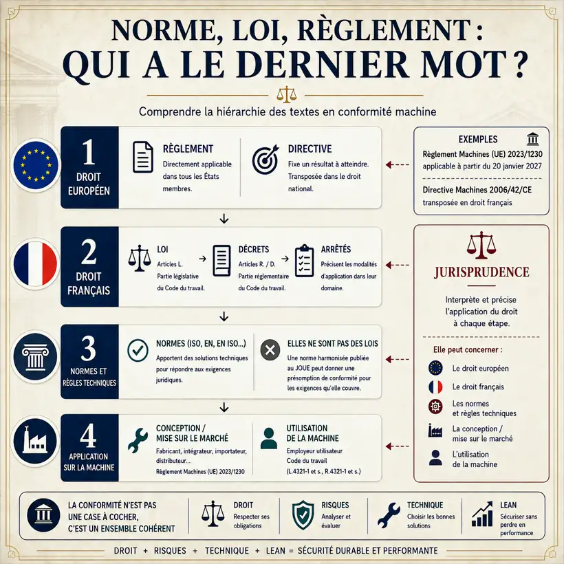 Hiérarchie des textes applicables à la sécurité et à la conformité des machines : droit européen, droit français, normes techniques, application sur la machine, jurisprudence