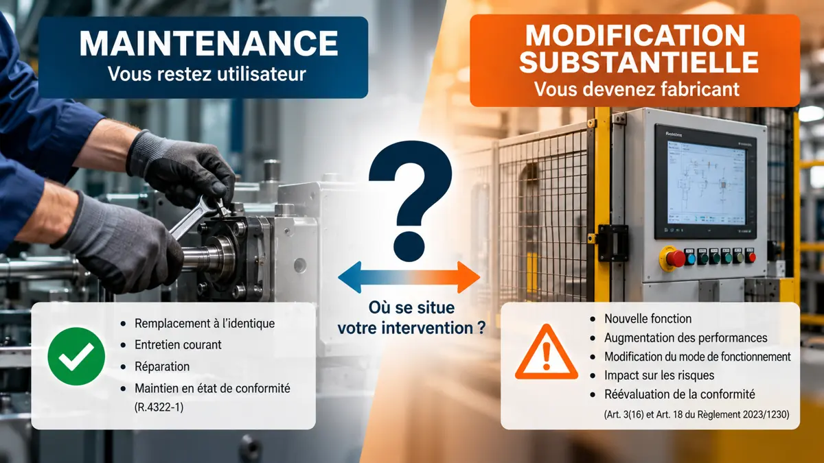 Maintenance ou modification substantielle : une intervention sur une machine laisse l'exploitant utilisateur ou le rend fabricant selon les Art. 3(16) et 18 du Règlement 2023/1230