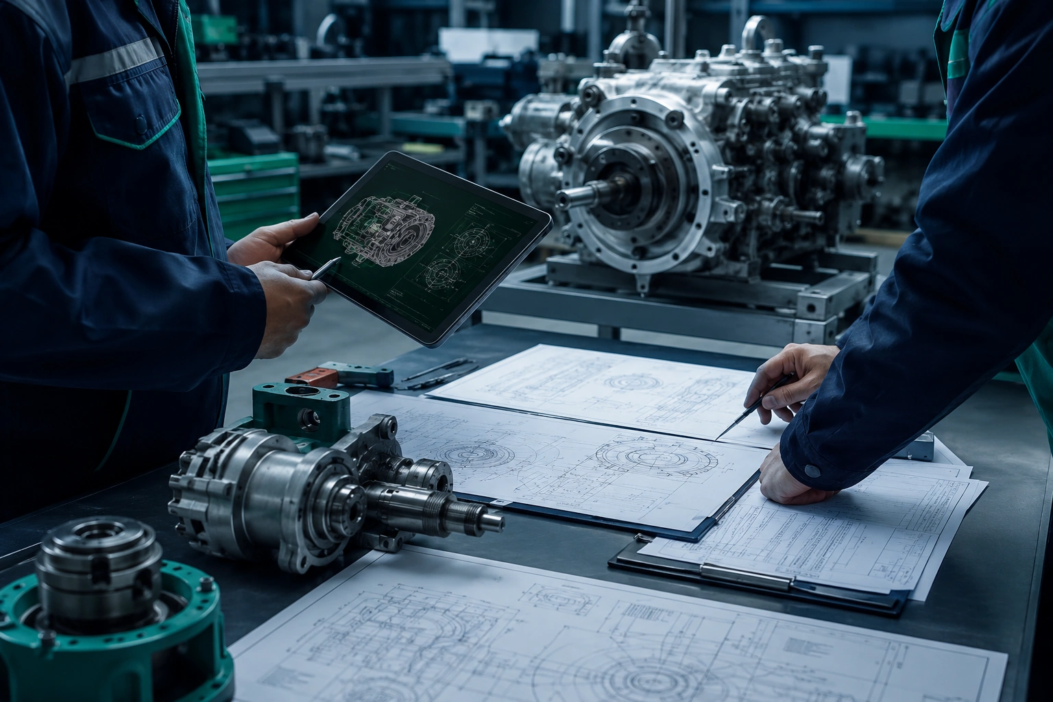 Ingénieurs ASI Industrie réalisant une analyse de risques machine sur site, plans techniques et composants à l'appui