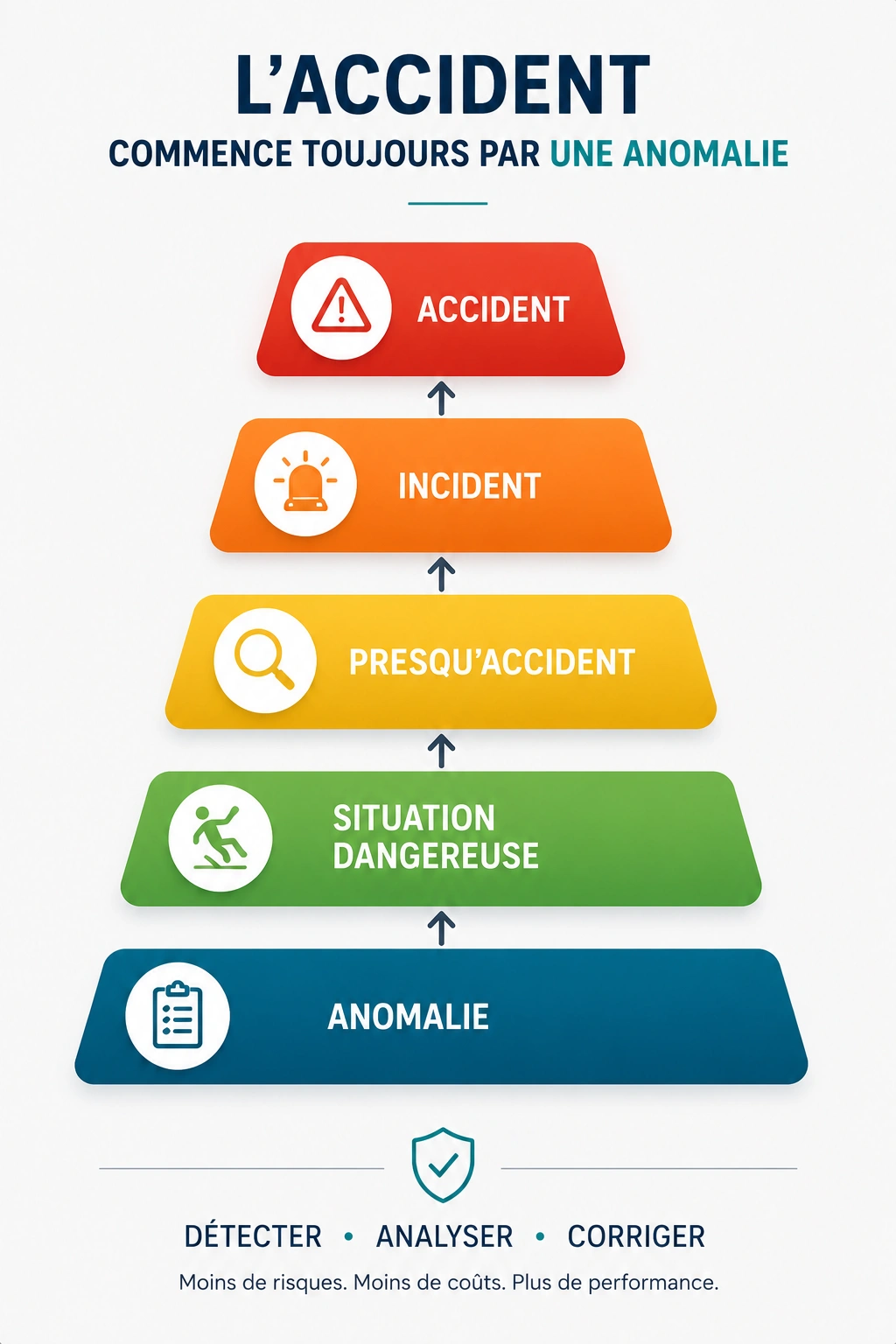 Pyramide de prévention : l'accident commence toujours par une anomalie (anomalie, situation dangereuse, presqu'accident, incident, accident)