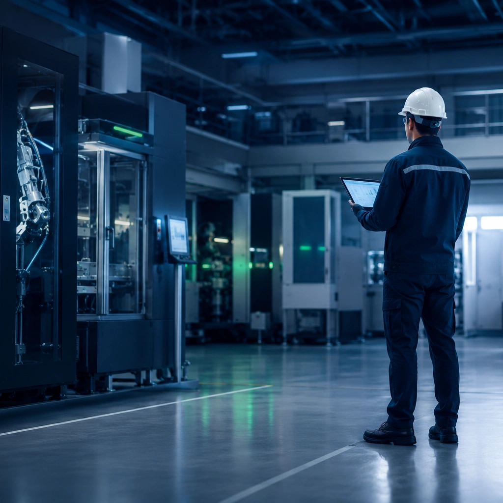 Ingénieur ASI Industrie sur un site de production, tablette en main, analysant les flux et la performance des équipements