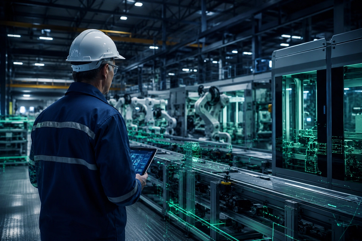 Ingénieur ASI Industrie face à une ligne de production robotisée, supervisant l'intégration et la sécurité des équipements